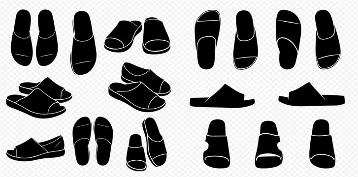 Collection of various black silhouette slippers and sandals on transparent background.