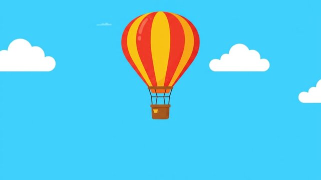 2D Cartoon Animation of an Orange and Yellow Hot Air Balloon Flying Through a Bright Blue Sky with Fluffy White Clouds