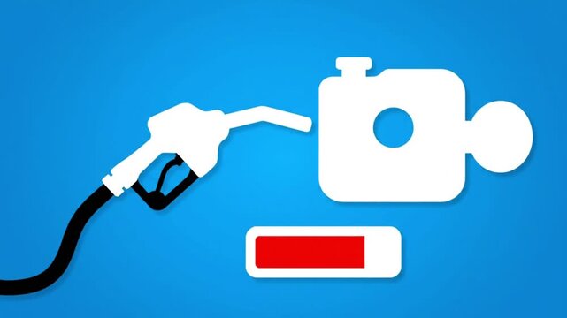 Animation of Fuel Pump Refilling Tank Icon with Red Loading Bar on Blue Background