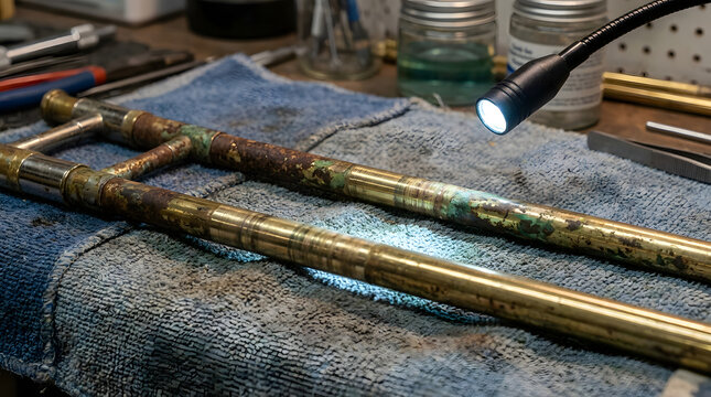 Rusty brass pipes on workbench with flashlight