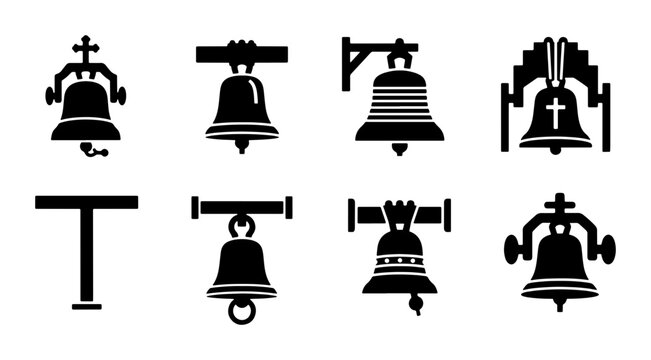 Set of 8 Diverse Bell Icons, Religious and Secular Designs, Vector Graphics for Celebration and Announcement