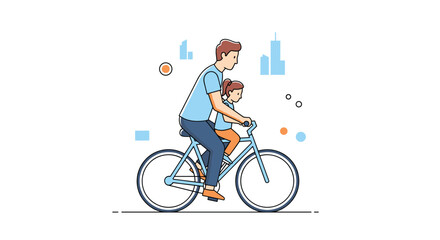 Naklejka premium Father and young daughter are riding a blue bicycle together on a city street with stylized skyscrapers.