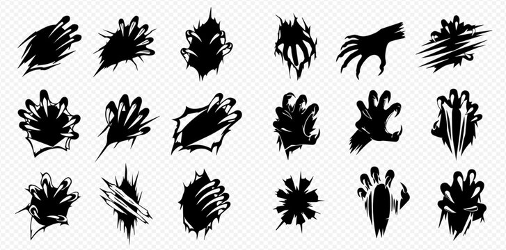 Set of monster claw marks, scratches, and hands, isolated on a transparent background, perfect for horror designs.