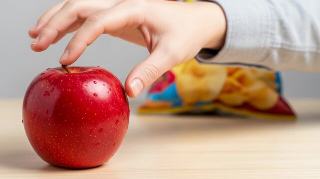 Hand reaches for fresh red apple table with bag of chips background symbolizing healthy fruit snack choice for hypertension diet and nutrition care