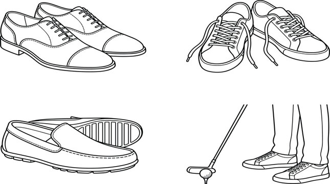 Collection of hand drawn mens footwear including formal oxfords casual sneakers loafers and golf shoes technical fashion flats.