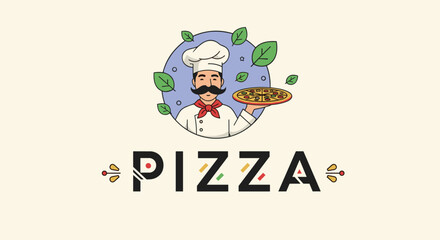 Fototapeta premium Traditional Italian pizza logo features a friendly moustachioed chef holding a tray with a fresh hot pizza.