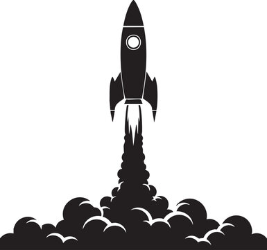 Rocket launch, space exploration, black icon, vector graphic, launchpad blast off