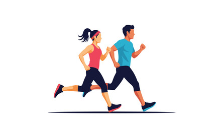 Fototapeta premium Athletic man and woman in colorful sportswear are jogging together outdoors on a clear summer day.