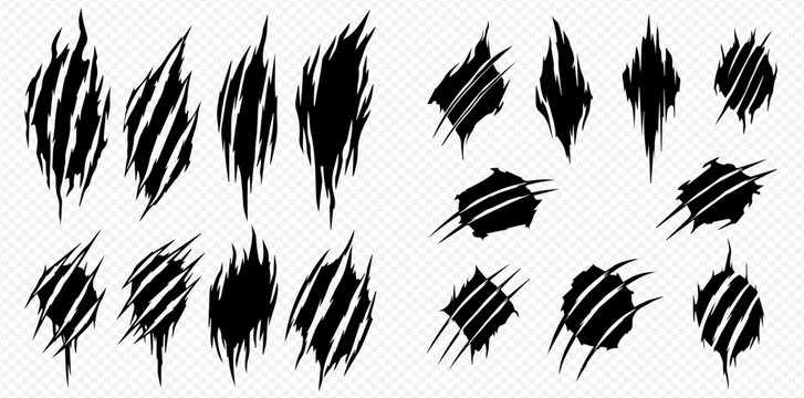 Claw marks set, animal scratch, monster attack, horror, grunge, ripped, torn, beast, wild, aggressive, danger, sharp, bloody, broken, effect, texture, vector, isolated.