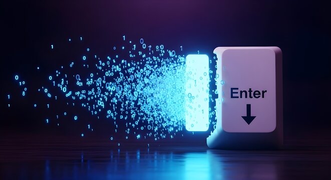 Digital Enter Key Dissolving into Blue Particles, Technology Concept, Data Stream, Cyberpunk Aesthetic