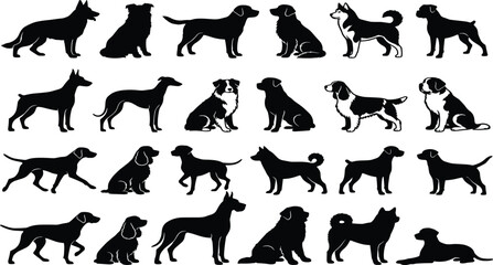 Diverse dog breed silhouette and illustration mega set featuring various canine poses and species for pet industry branding. © Rakib