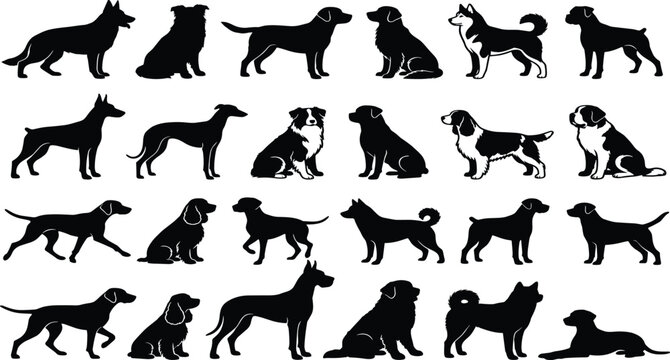 Diverse dog breed silhouette and illustration mega set featuring various canine poses and species for pet industry branding.