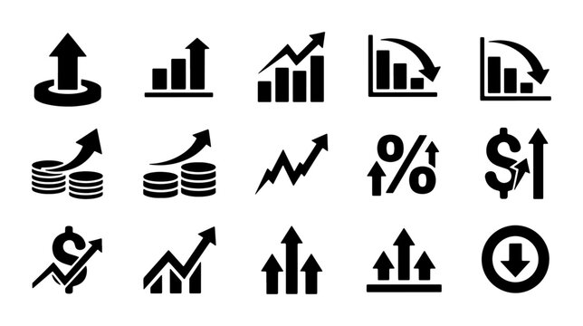 Growth and Decline Icons: Financial Charts, Upward Arrows, Downward Trends, Percentage, Dollar Signs, Stacked Coins, Business Analytics, Vector Set