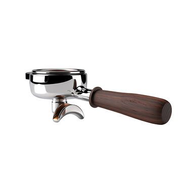 Professional espresso portafilter with wooden handle isolated on alpha background, chrome finish.