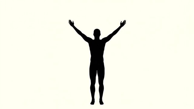 Silhouette of a man raising his arms overhead against a light background