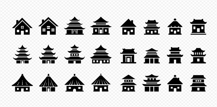 Set of various house and temple building icons in black silhouette on a transparent background.