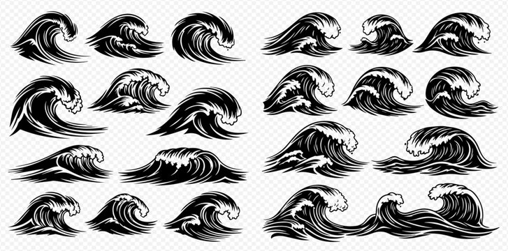 Set of black and white ocean waves with foam, isolated on transparent background.