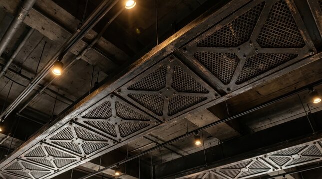 Industrial metal ventilation grates embedded into a dark, textured ceiling with exposed pipes and lighting