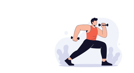 Fototapeta premium Strong man performing lunges while holding dumbbells in his hands during a high-intensity workout session in a minimalist setting.
