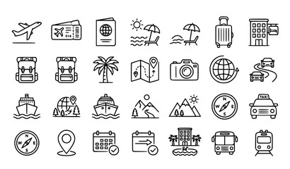 Fototapeta premium Title: Summer Vacation and Travel Tourism Outline Icon Collection for Holiday Adventure Design