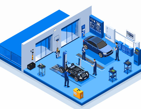 Automobile Repair Shop with Mechanics and Cars.
