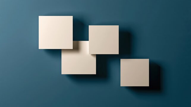 Four beige cubes cast shadows on a blue surface, arranged in an abstract, staggered pattern with minimalist lighting.