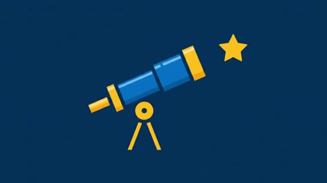 Minimalist 2D Flat Animation of a Telescope Observing a Bright Star on a Dark Blue Background, Astronomy and Space Exploration Concept