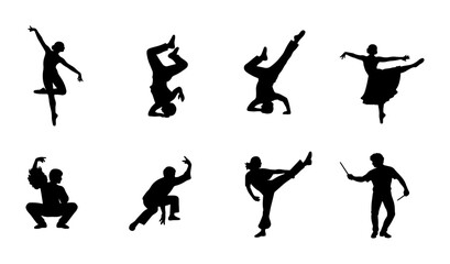 Diverse Dance and Martial Arts Silhouettes, Dynamic Poses Collection, Ballet, Breakdance, Kung Fu, Karate Figures, Action Sports Vector Icons © Sabiha