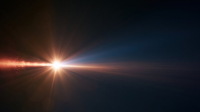 A bright, radiant light beam shines horizontally against a dark, gradient background with subtle flares and lens effects.