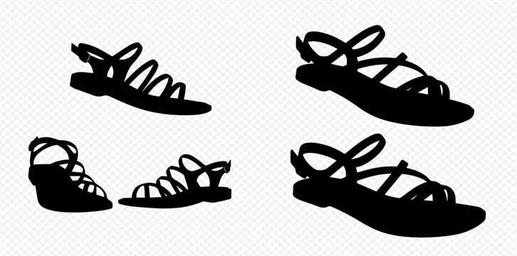 Set of black silhouettes of various sandals and summer footwear designs.