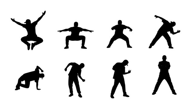 Dynamic Dancer Silhouettes, Set of 8 Vector Icons: Breakdance, Hip Hop, Modern Dance Poses for Fitness and Performance Graphics