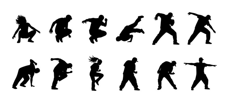 Dynamic Breakdance Silhouettes, Hip Hop Dance Moves, Urban Street Dance Poses, Energetic B-Boy and B-Girl Actions, Vector Collection
