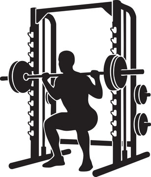 Fitness, gym, weightlifting, squat rack, exercise equipment, workout, silhouette, vector icon