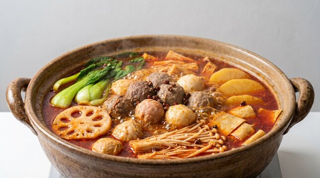 Large bowl of Mala Tang with assorted meatballs and vegetables in fiery red numbing soup