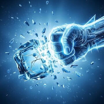 A powerful fist punch directed at a large ice cube shattering it into pieces.