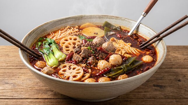 Large bowl of Mala Tang with assorted meatballs and vegetables in fiery red numbing soup
