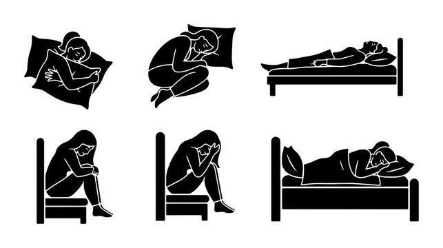 Sleep Positions and Insomnia Icons, Vector Set: Diverse Poses of Rest, Discomfort, and Sleeplessness for Health and Wellness Graphics