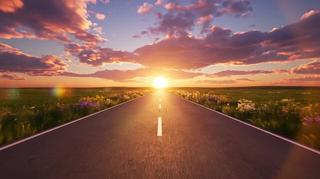 Road leading to sunset in field of flowers ideal for travel vlogs and eco-friendly campaigns