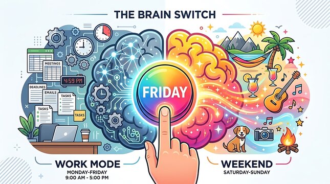Brain switch from work mode to weekend mode concept