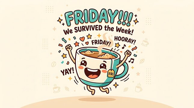 Cheerful Coffee Cup Character Celebrating Friday and the Weekend