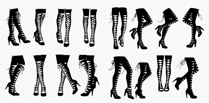 Collection of black high heel boots with laces, different angles and positions, fashion footwear design elements.