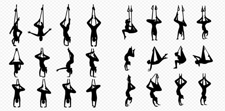 Set of silhouettes of people performing various yoga and acrobatic poses, showcasing flexibility and balance.