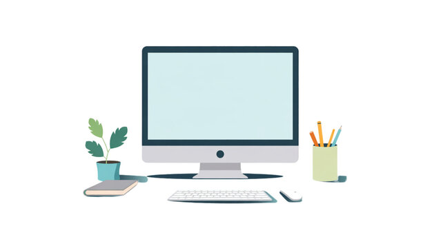 Modern workspace with computer monitor and office supplies on wooden desk Vector