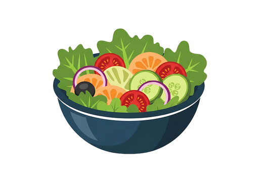 Isolated bowl of fresh garden salad with lettuce, tomatoes, cucumbers and red onion, pixel art style for gaming