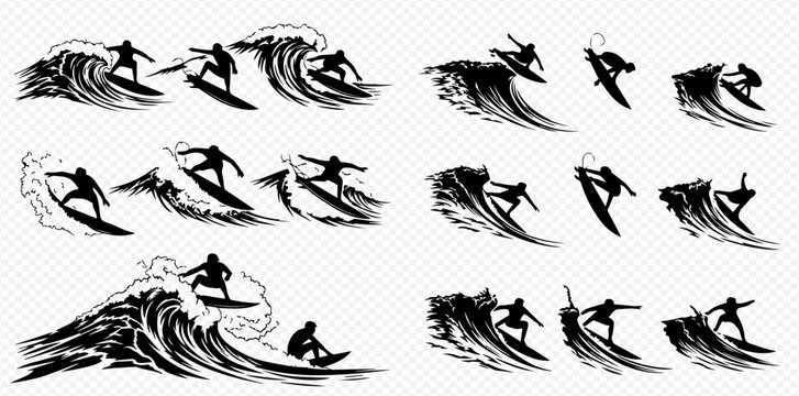 Dynamic Silhouettes of Surfers Riding Ocean Waves in Various Poses, Capturing the Thrill of Surfing.
