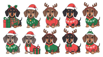 Set of twelve cartoon reindeer with red hats and scarves for christmas holiday Vector © MDSAJU