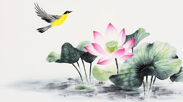 Lotus flower and two green leaves pink blooms water buds yellow oriole flying Chinese ink wash style level perspective white background simple delicate neat brush high resolution pink petal grayish gr