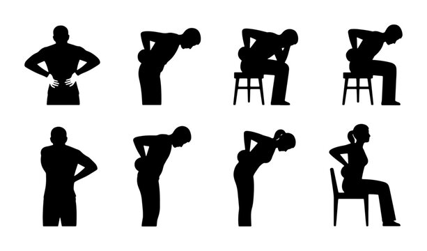 Back Pain Silhouette Icons, Lumbar Ache Poses, Sciatica Discomfort, Spinal Health, Medical Illustration Set