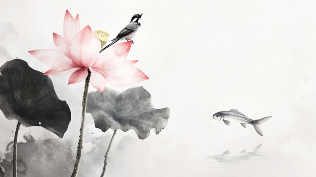 Chinese ink painting small bird on lotus top delicate strokes xuan paper rich colors light gray elegant simple slender flower leaves fish swimming beside water