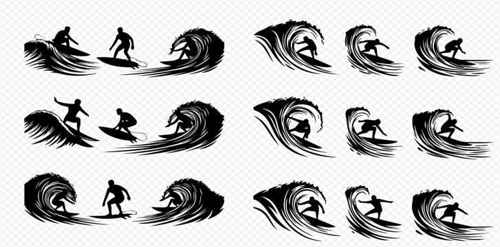 Set of surfing silhouettes with surfers riding waves, vector illustration for extreme water sports and beach activities.